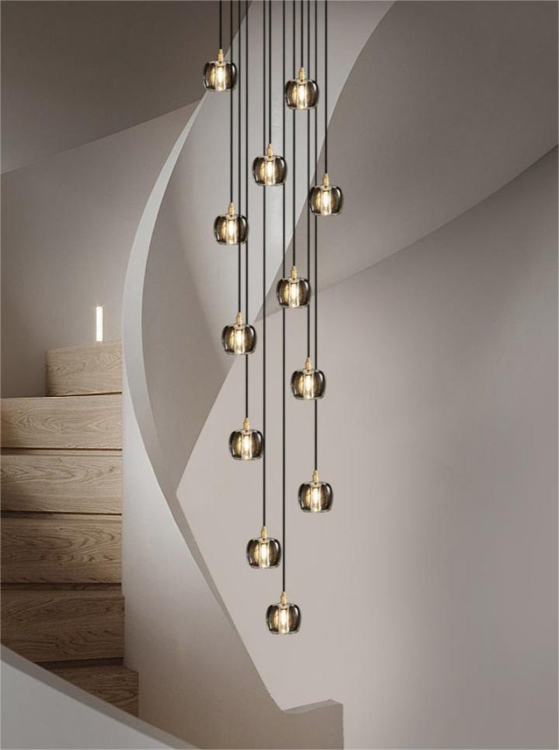 Modern black random-arrangement staircase chandelier, featuring a square K9 crystal design, suitable for high-ceiling lighting in foyers and entryways.Easy to install