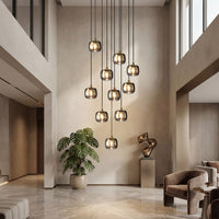 Thumbnail for Designer square crystal chandelier with random drop lengths creating dynamic three-dimensional lighting sculpture for staircase