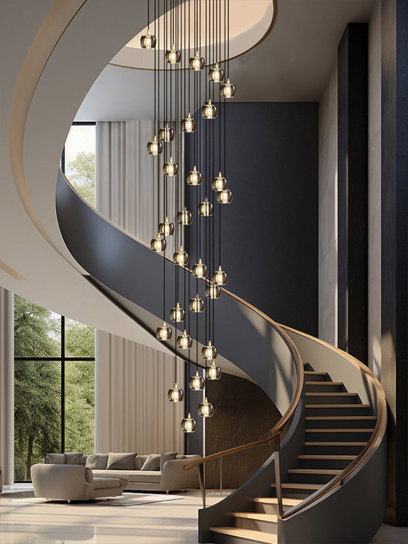 Modern black spiral chandelier for foyer staircase, square K9 crystal pendants for high ceiling entryway