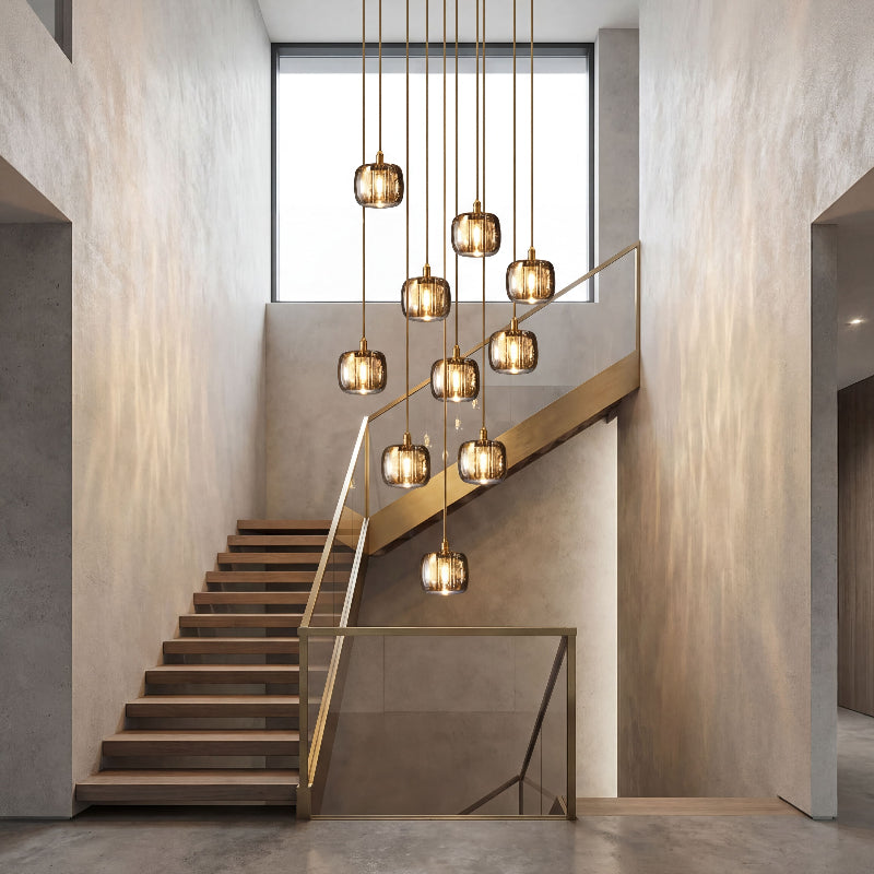 Luxury square K9 crystal chandelier with adjustable height cables perfect for 12-20 foot staircase void ceiling installation