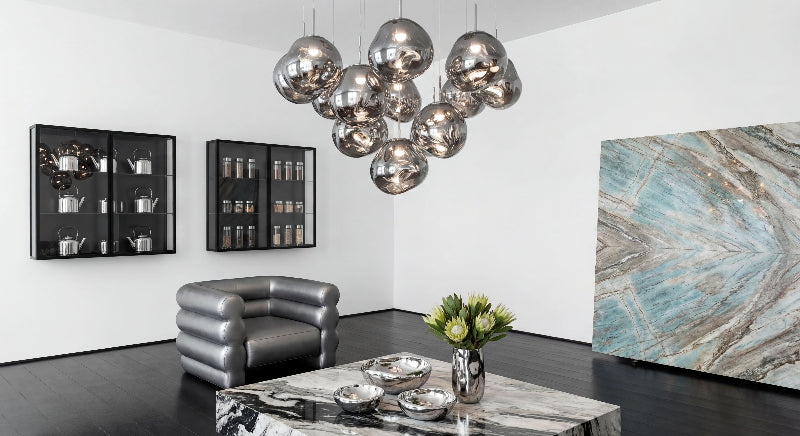 Sophisticated Magma Flow lava bubble lighting fixture with flowing molten glass creating dramatic visual impact in modern interior