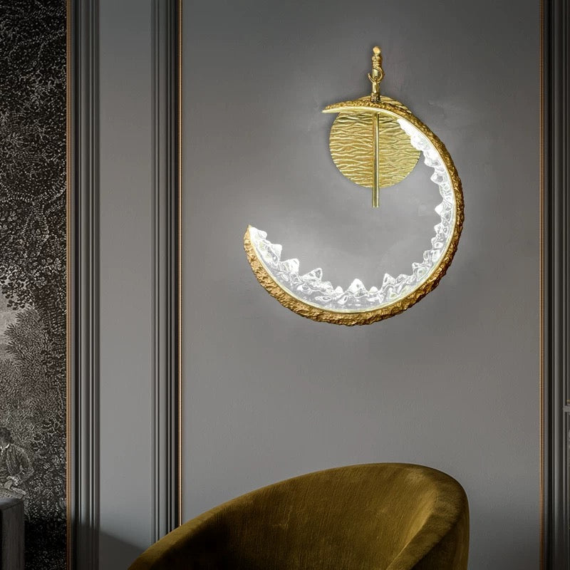 Opulent handcrafted copper moon wall lamp, nature-inspired crescent design with LED for staircase foyer hallway