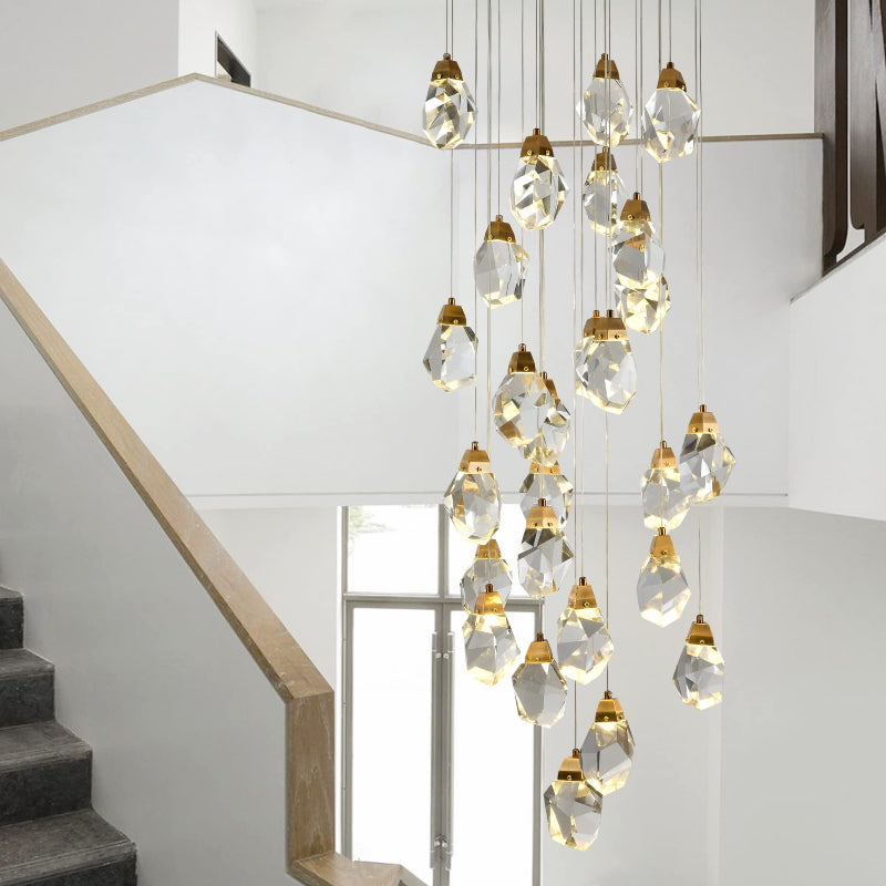 Irregular raw-cut crystal hanging lights, brass pendant cluster for villa foyer stairwell high ceiling