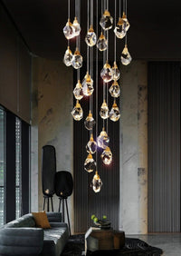 Thumbnail for Brass irregular crystal chandelier cluster, raw-cut K9 prisms with geometric facets for modern foyer lighting