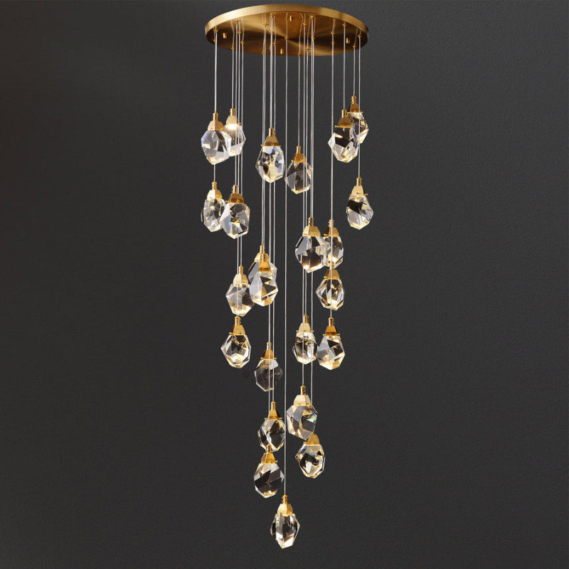 Irregular K9 crystal prisms detail, brass chandelier with raw-cut geometric design for light refraction