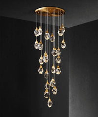 Thumbnail for Brass hanging irregular crystal lights, raw-cut K9 prisms adjustable cluster for modern foyer staircase lighting