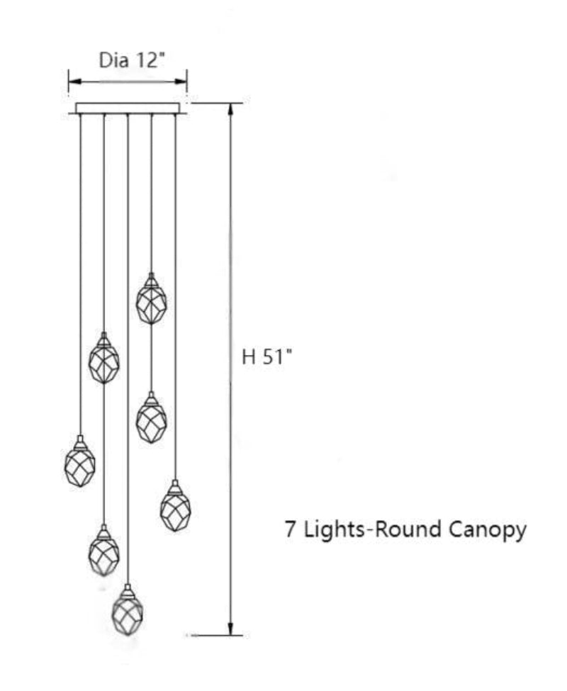 This set of 7 modern brass irregular crystal chandeliers features original cut K9 crystal prisms and is suitable for high-ceilinged foyers, entrances, and stairwells.