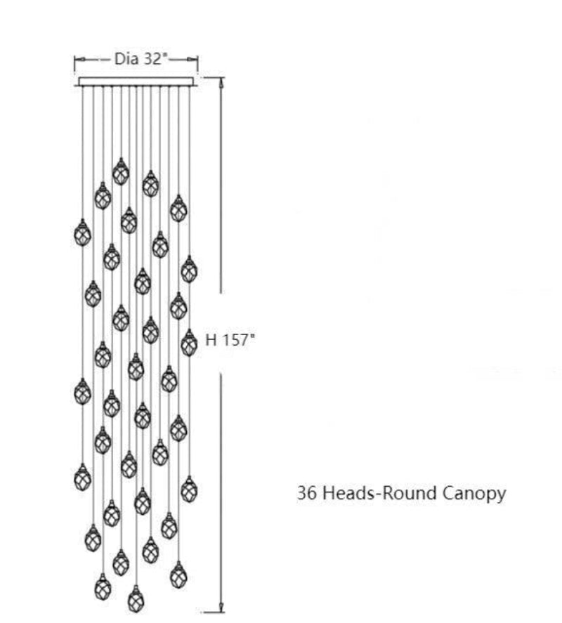 A 36-light modern-style indoor chandelier with irregularly cut brass and crystal accents, featuring K9 crystal clusters, suitable for lighting a two-story foyer.