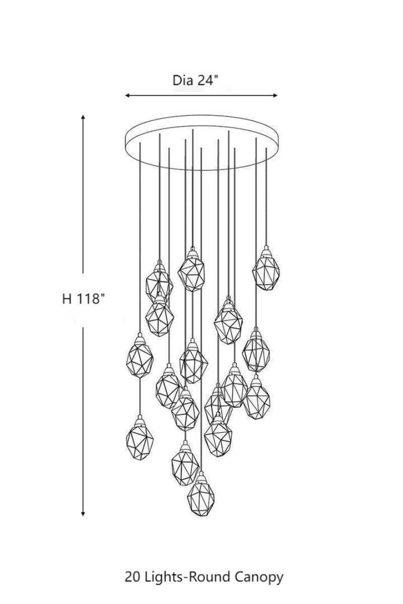 Customizable irregular crystal chandelier size chart, 20 lights brass finish for various ceiling heights