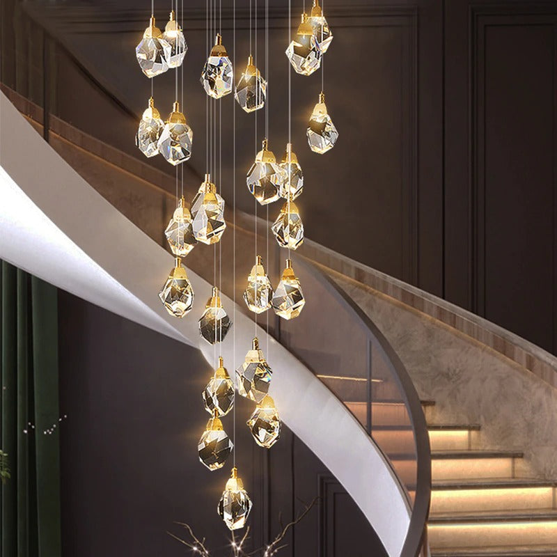 Modern raw-cut crystal chandelier cluster, natural brass with irregular K9 prisms for stairwell lighting