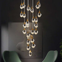 Thumbnail for Modern brass irregular crystal chandelier in two-story foyer, raw-cut K9 prisms for high ceiling entryway