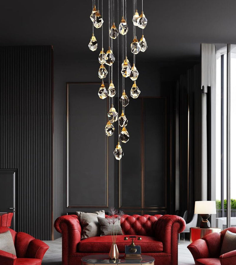 Natural brass irregular raw-cut K9 crystal chandelier, customizable 7-46 lights for foyer staircase