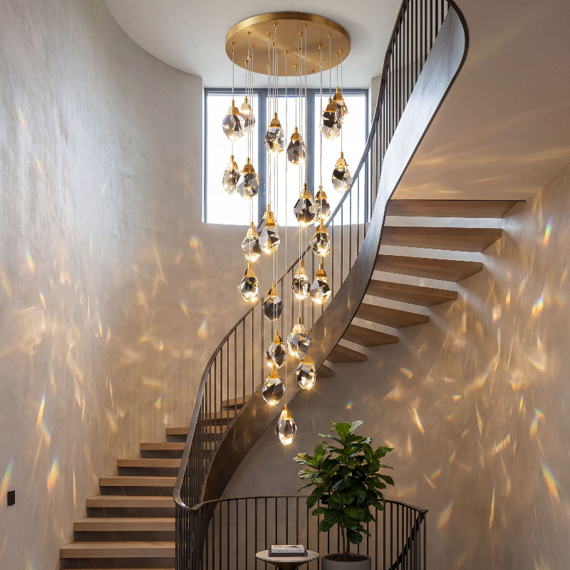 Contemporary natural brass Prism Geode chandelier with irregular raw-cut K9 crystals creating organic geode cluster in modern foyer