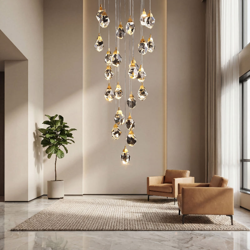Statement Prism Geode chandelier with irregular raw-cut K9 crystal cluster and natural brass finish for luxury residential foyer