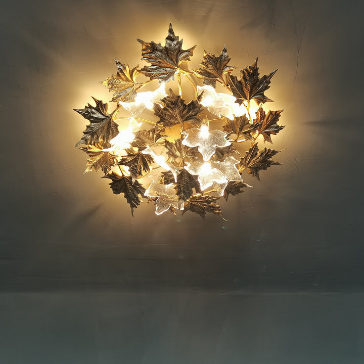 Designer handcrafted copper leaf light fixture, rustic design with gold finish for foyer entryway ceiling lighting