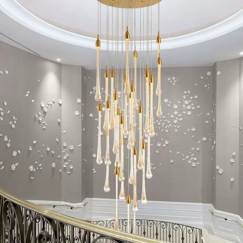 Sophisticated gold angel tears crystal chandelier, cascading teardrop design for modern staircase foyer lighting