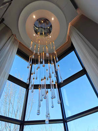 Thumbnail for Gold angel tears crystal chandelier, cascading teardrop design shaping staircase foyer entryway decor ambiance