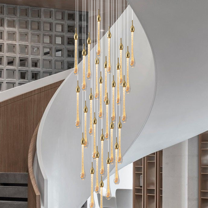 Sleek gold angel tears crystal chandelier, cascading teardrop design for modern stairwell foyer high ceiling