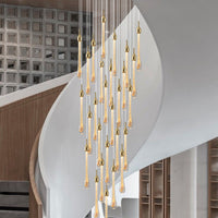 Thumbnail for Sleek gold angel tears crystal chandelier, cascading teardrop design for modern stairwell foyer high ceiling