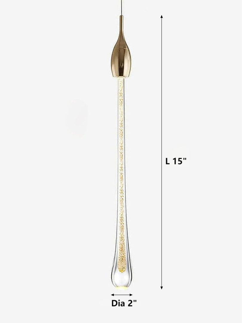 Modern gold angel tears crystal pendant, cascading teardrop design for staircase foyer entryway high ceiling,Close-up of a single crystal and its dimensions.