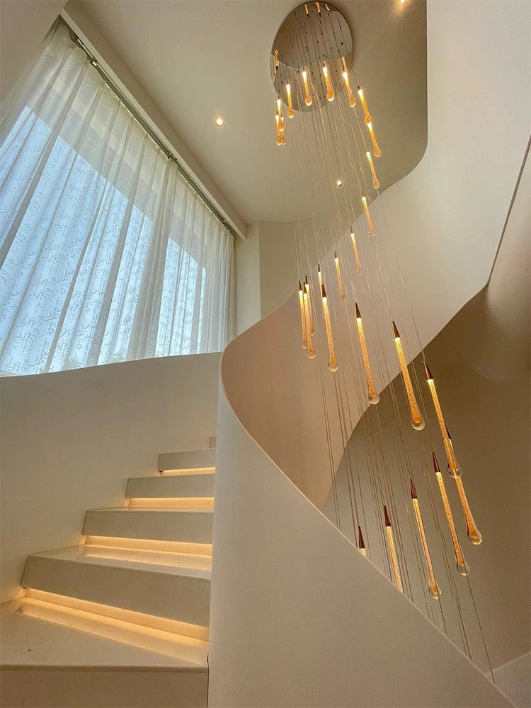 Contemporary gold angel tears crystal chandelier, cascading teardrop design for stairwell foyer entryway lighting