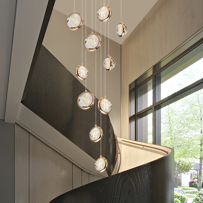 Bubble glass chandelier with gold finish, spiral K9 crystal balls for staircase foyer high ceiling entryway