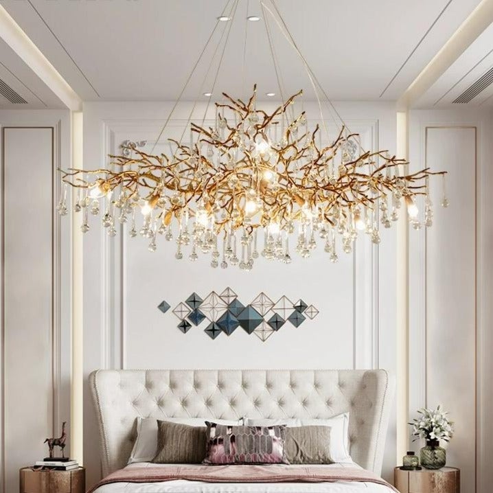 Gold branch crystal chandelier, hand-forged design with K9 water drop crystals for dining room living room lighting
