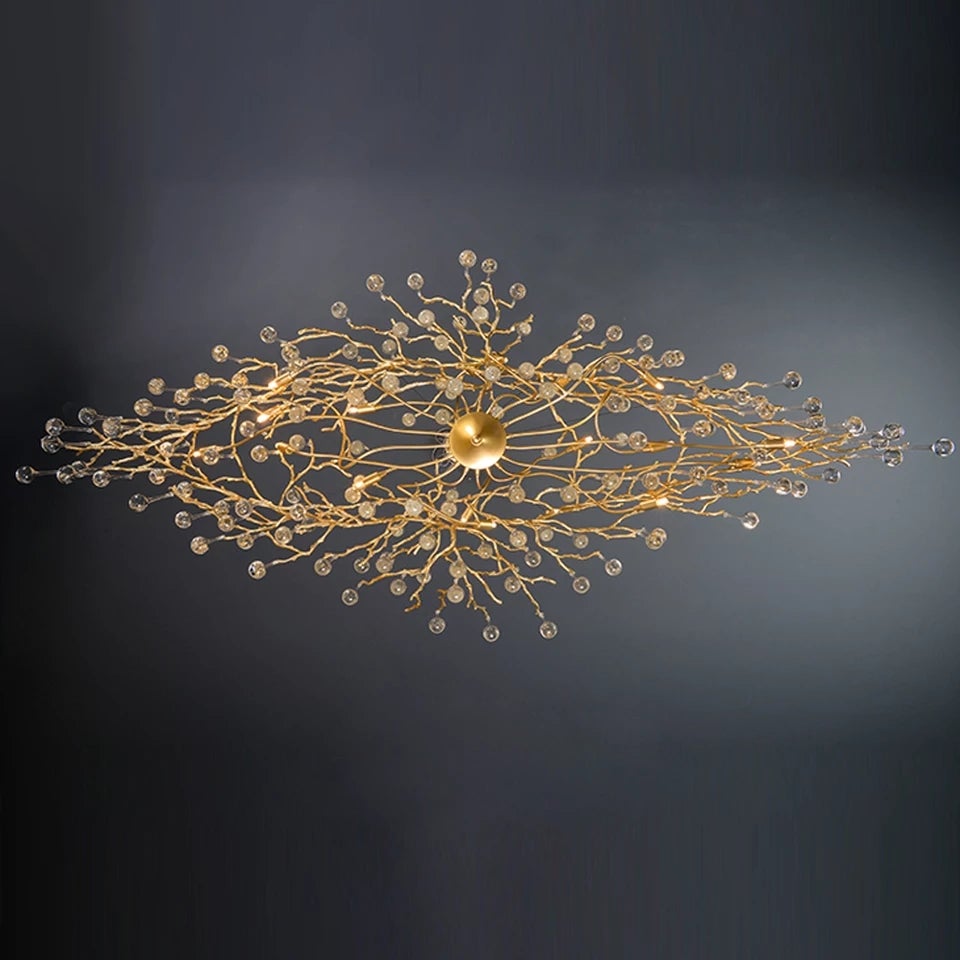 Modern gold branch crystal chandelier, hand-forged tree design with water drop crystals for dining room entryway