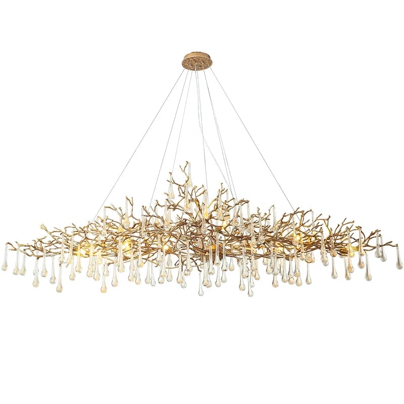 Gold branch crystal chandelier, hand-forged tree design with K9 water drop crystals for dining room living room
