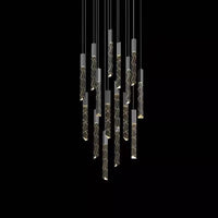 Thumbnail for Modern LED linear pendant staircase chandelier with clear crystal elements and a sleek metallic structure, installed in a home staircase setting.