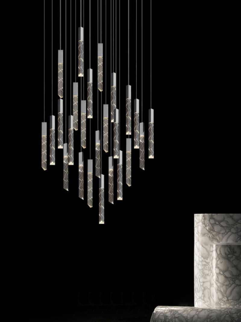 Black LED linear K9 crystal rod chandelier, cascading design for staircase foyer entryway two-story high ceiling