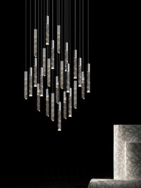 Thumbnail for Black LED linear K9 crystal rod chandelier, cascading design for staircase foyer entryway two-story high ceiling
