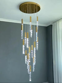Thumbnail for Modern gold LED linear K9 crystal chandelier with a waterfall design, suitable for dining rooms, foyers, and spaces with high ceilings.  Features a self-locking plug-in system for added safety and reliability.