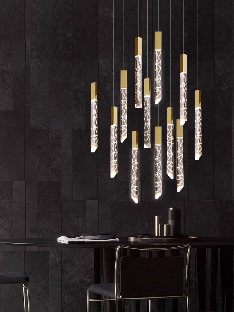 Modern gold LED linear K9 crystal chandelier for foyer, rod design for staircase entryway two-story high ceiling