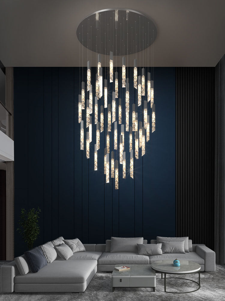 Black LED linear K9 crystal chandelier with a waterfall design, suitable for dining rooms, foyers, stairwells, entryways, and spaces with high ceilings.