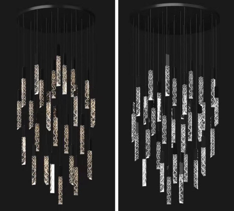 Black LED linear K9 crystal chandelier, featuring a modern waterfall design, suitable for dining rooms, foyers, and spaces with high ceilings.
