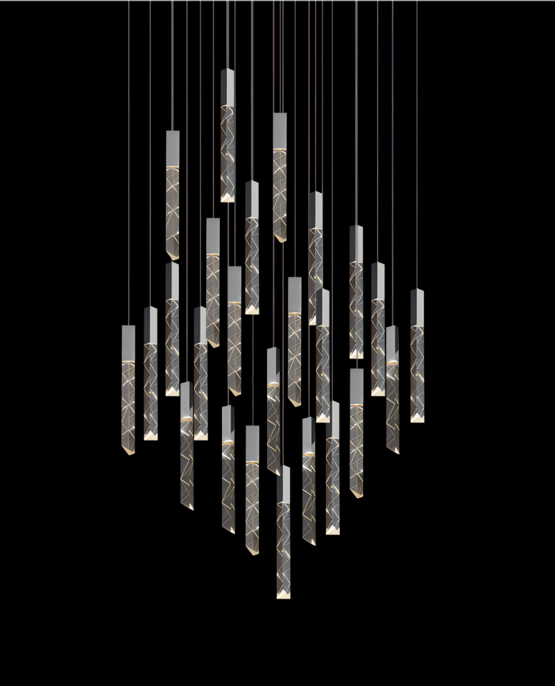 Black modern LED linear K9 crystal rod chandelier, cascading design for staircase foyer entryway high ceiling