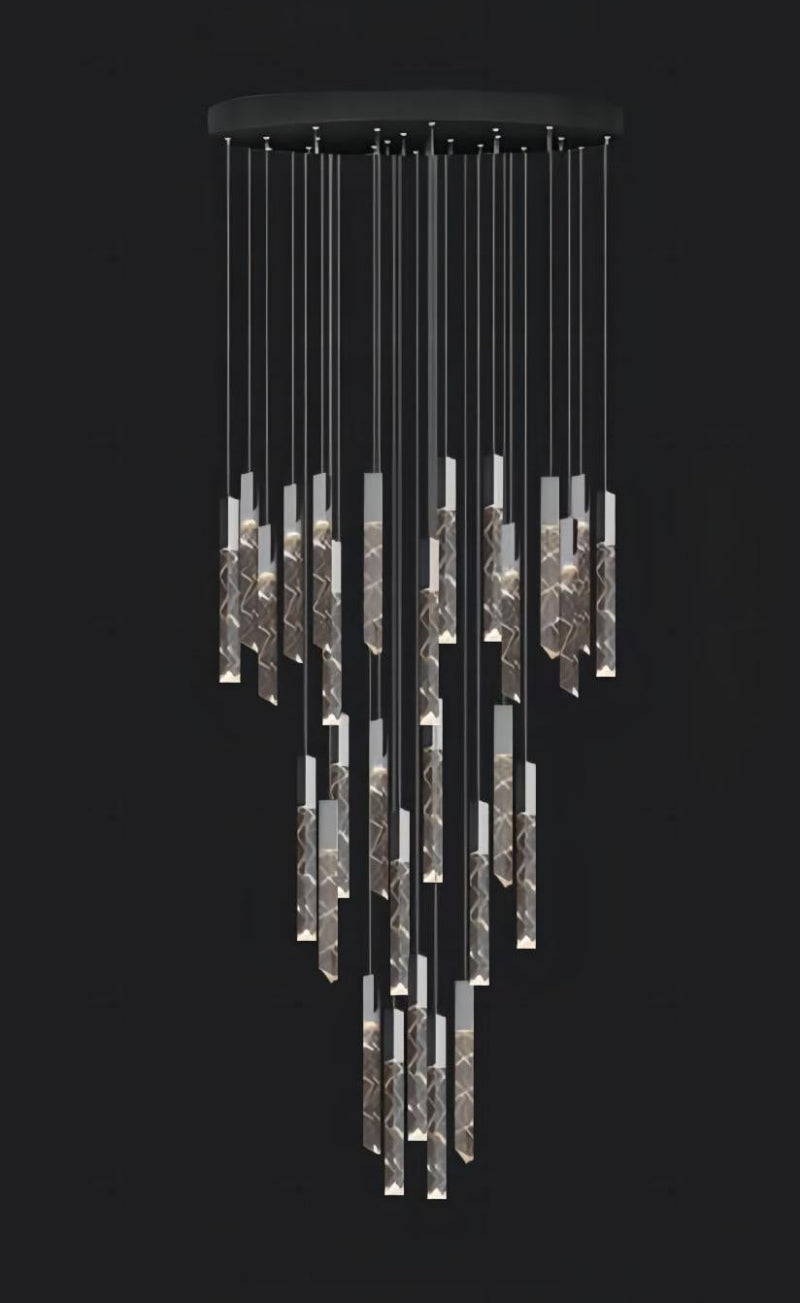 Black LED linear K9 crystal rod chandelier, cascading design for dining room foyer staircase entryway high ceiling