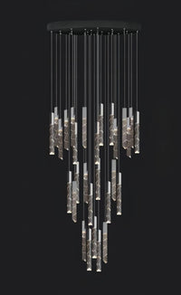 Thumbnail for Black LED linear K9 crystal rod chandelier, cascading design for dining room foyer staircase entryway high ceiling