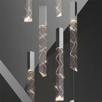 Thumbnail for Modern black LED linear K9 crystal chandelier for foyer, rod design for staircase entryway two-story high ceiling