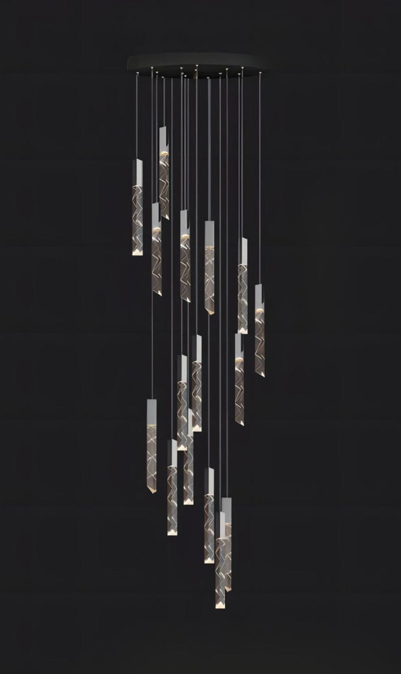 Modern black LED linear K9 crystal chandelier with a waterfall design, suitable for dining rooms, foyers, stairwells, and spaces with high ceilings. UL certified, with adjustable suspension cable height.