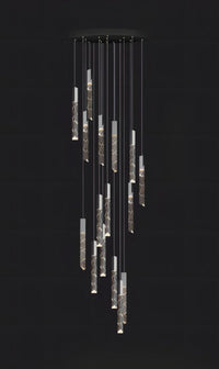 Thumbnail for Modern black LED linear K9 crystal chandelier with a waterfall design, suitable for dining rooms, foyers, stairwells, and spaces with high ceilings. UL certified, with adjustable suspension cable height.