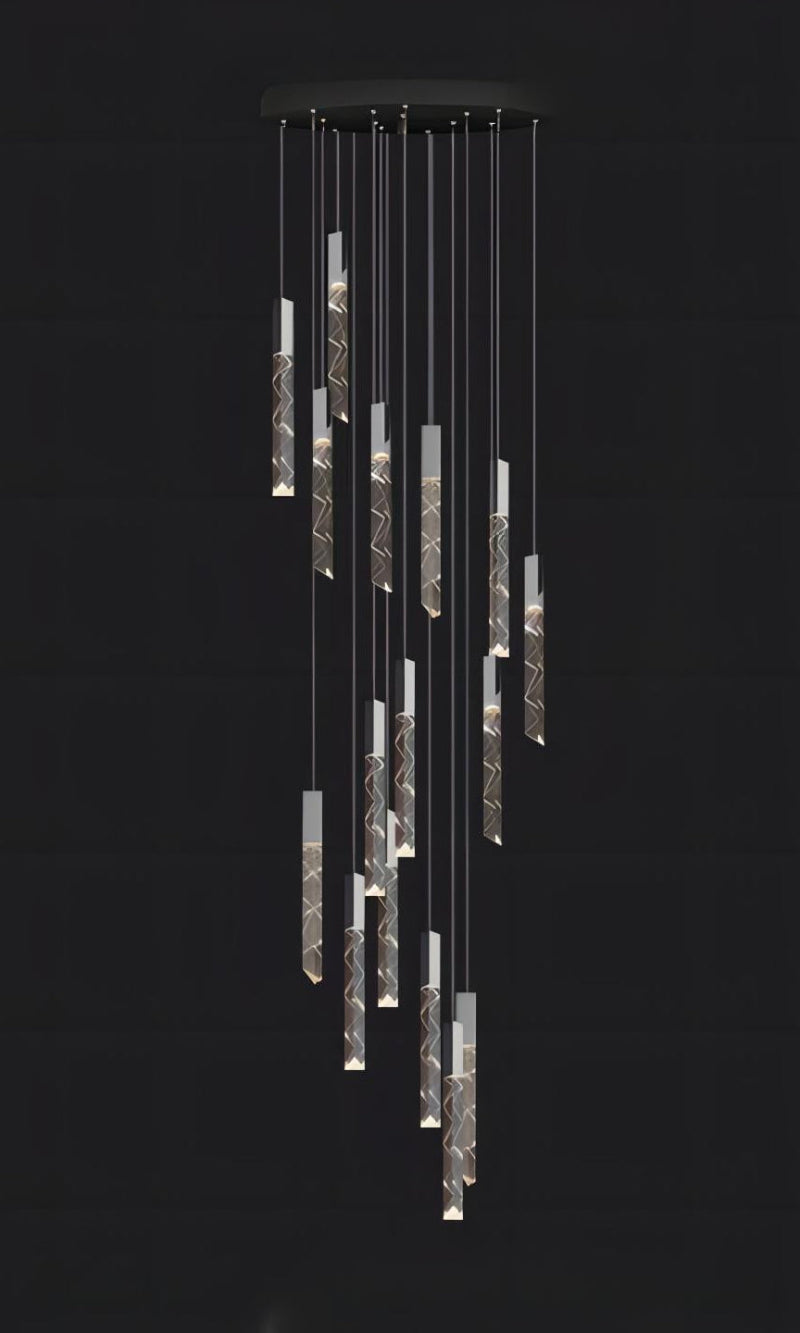 
Black LED linear K9 crystal chandelier with a waterfall design, suitable for dining rooms, foyers, stairwells, entryways, and spaces with high ceilings.