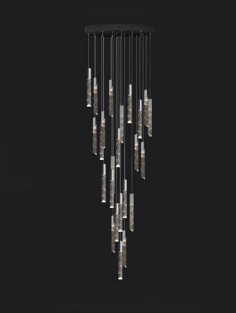 
Black LED linear K9 crystal chandelier with a waterfall design, suitable for dining rooms, foyers, stairwells, entryways, and spaces with high ceilings. UL certified, with adjustable suspension wires.
