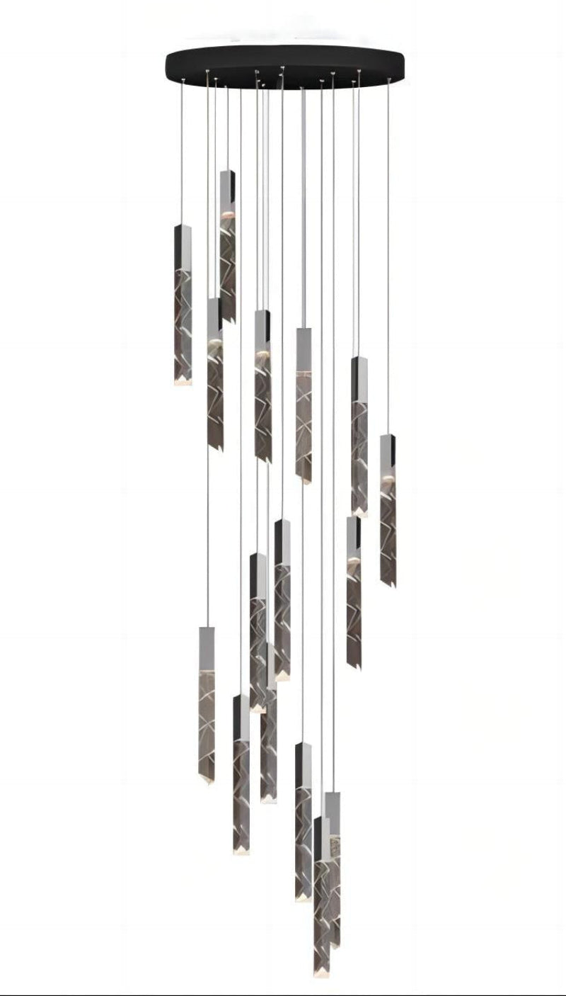 This modern black LED linear K9 crystal chandelier is suitable for double-height ceiling spaces such as foyers and stairwells, and features a rod-style design.