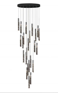 Thumbnail for Round black LED linear K9 crystal chandelier with a waterfall design, suitable for dining rooms, foyers, stairwells, and spaces with high ceilings. UL certified, with adjustable suspension wires.