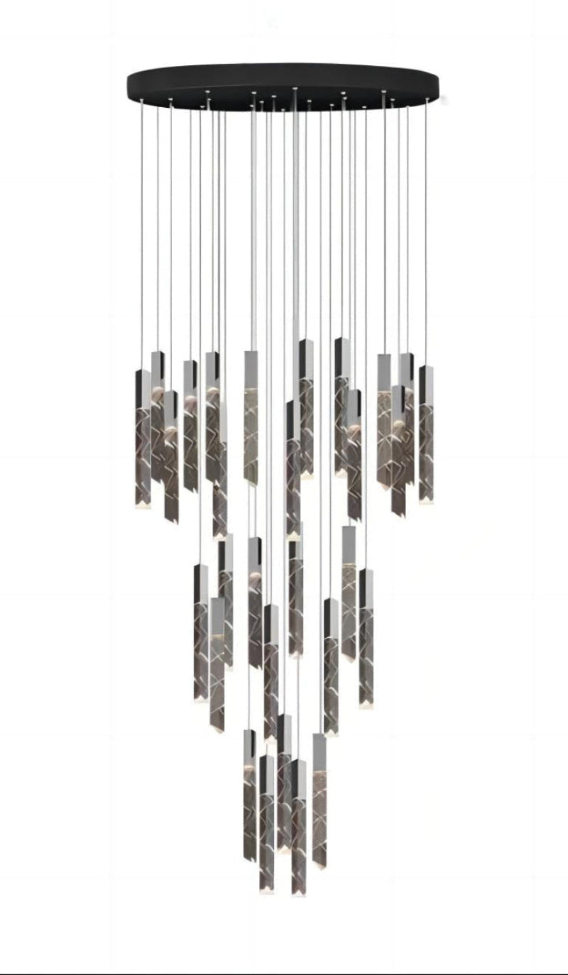 Black LED linear K9 crystal rod chandelier, cascading design for staircase foyer entryway two-story high ceiling