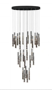 Thumbnail for Black LED linear K9 crystal rod chandelier, cascading design for staircase foyer entryway two-story high ceiling