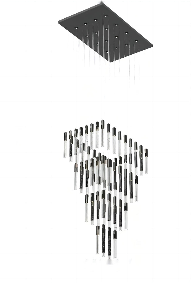 
Black LED linear chandelier with K9 crystal rods in a cascading design, suitable for dining rooms, foyers, stairwells, and spaces with high ceilings. UL certified, with adjustable suspension wires.