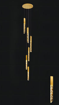 Thumbnail for Gold LED linear K9 crystal chandelier, suitable for lighting in dining rooms, foyers, stairwells, and high-ceilinged entrances, featuring a rod-style design.  It has a spiral arrangement and adjustable suspension wires.